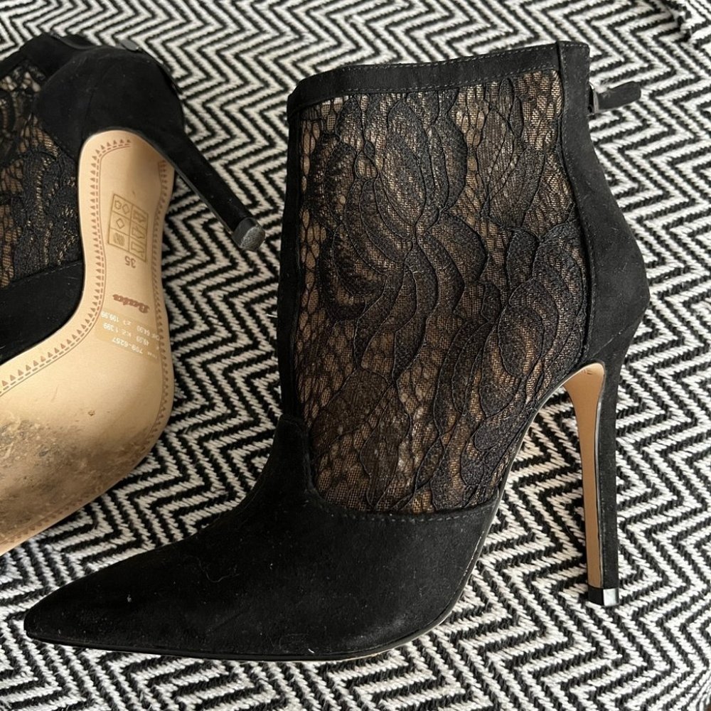 Italian Genuine Leather Black Suede Lace Heels. Looks great  on petite woman.